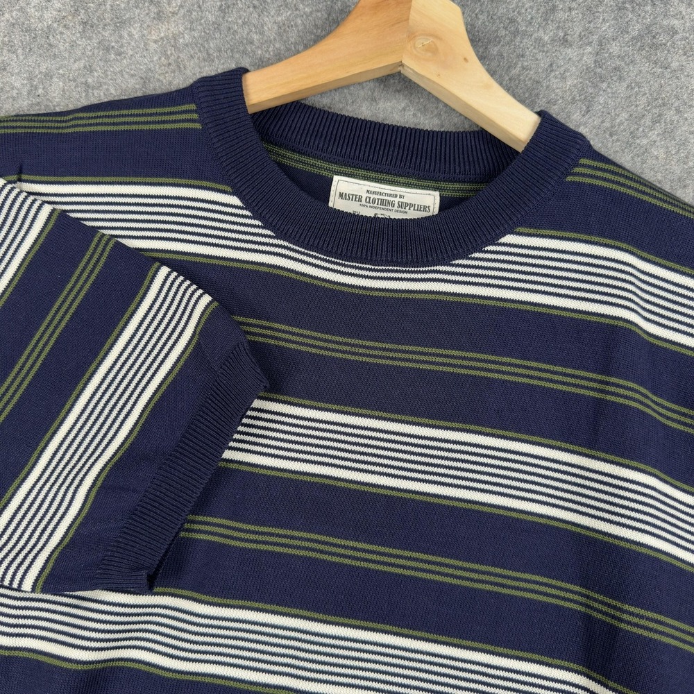 Karaku Sweater Mens XL Blue Striped 100% Lyocell Crewneck Short Sleeve Retro